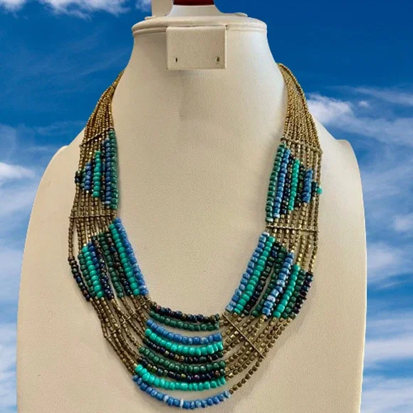 4 for $20 Sale Blue & Gold Bohemian Seed Bead Layered Necklace - Picture 7 of 7